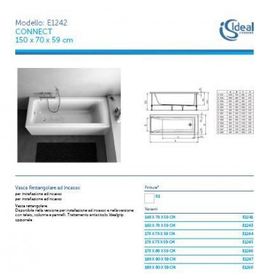 VASCA ACRILICO 150X70 DA INCASSO IDEAL STANDARD SOLO ...